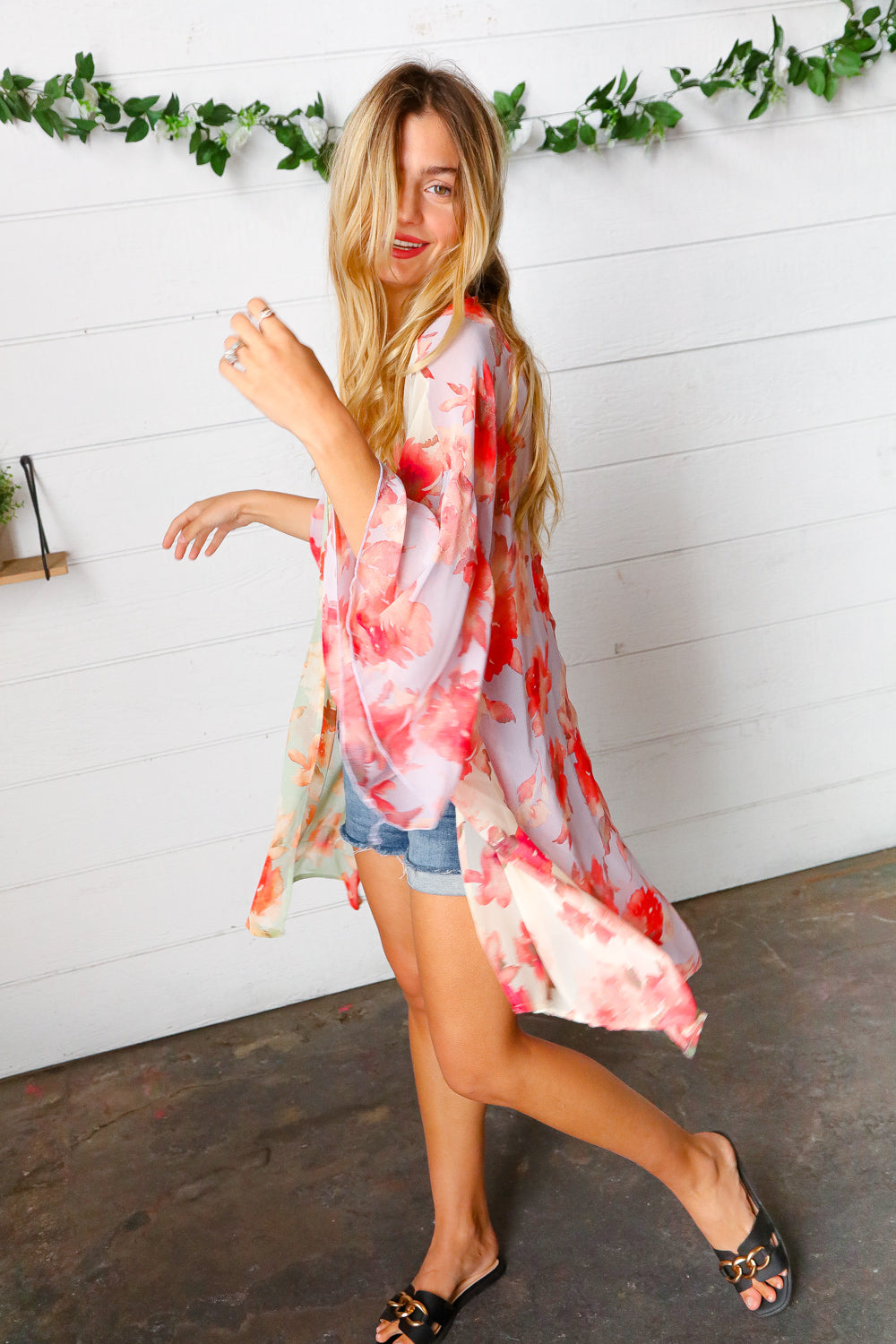 Lavender & Sage Colorblock Floral Print Chiffon Kimono