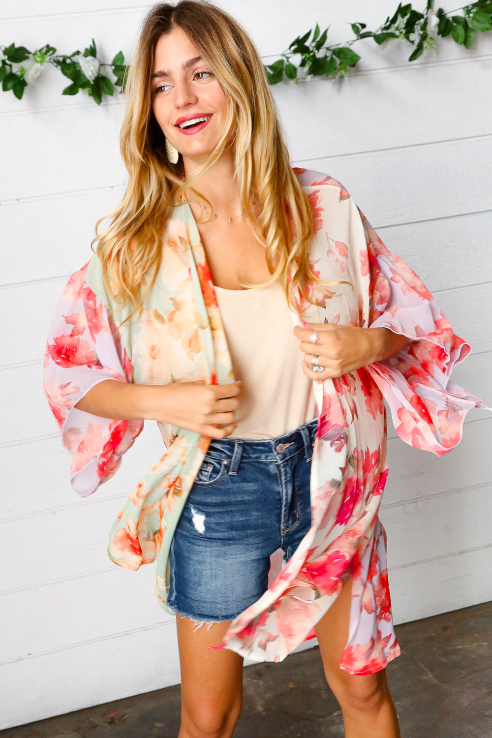 Lavender & Sage Colorblock Floral Print Chiffon Kimono