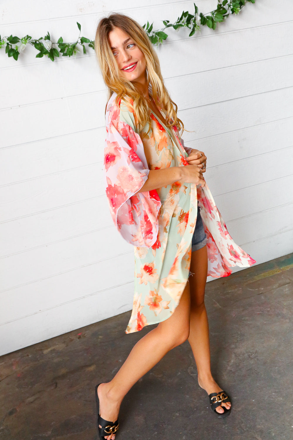 Lavender & Sage Colorblock Floral Print Chiffon Kimono