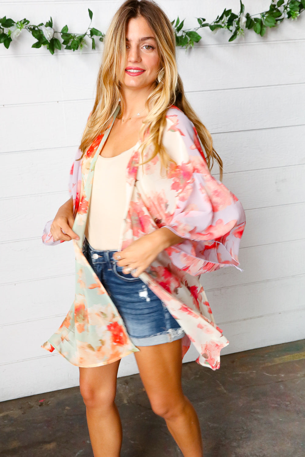 Lavender & Sage Colorblock Floral Print Chiffon Kimono