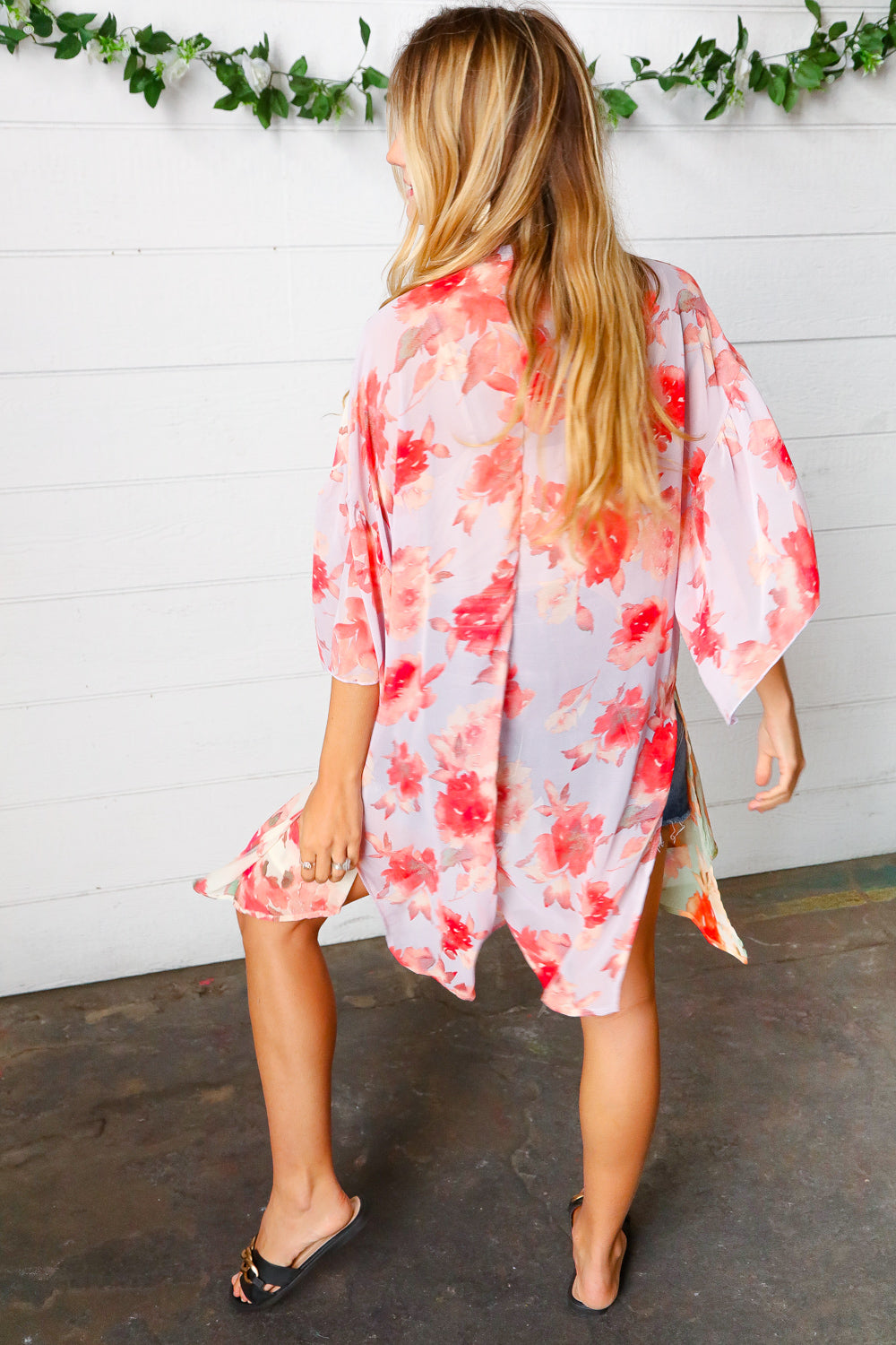 Lavender & Sage Colorblock Floral Print Chiffon Kimono
