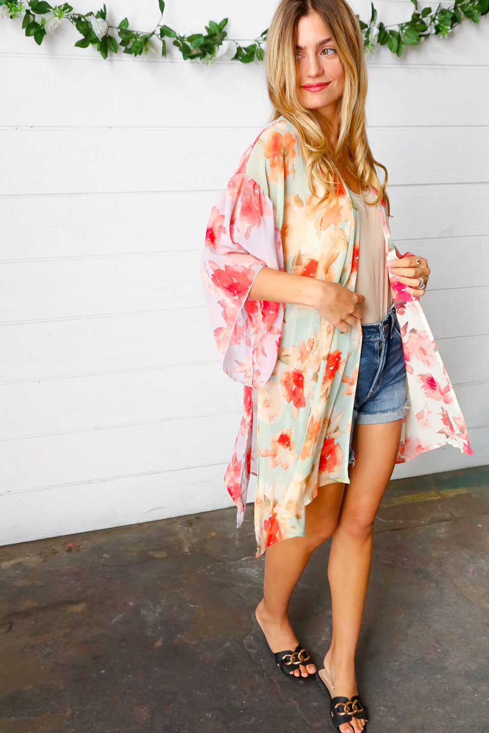 Lavender & Sage Colorblock Floral Print Chiffon Kimono