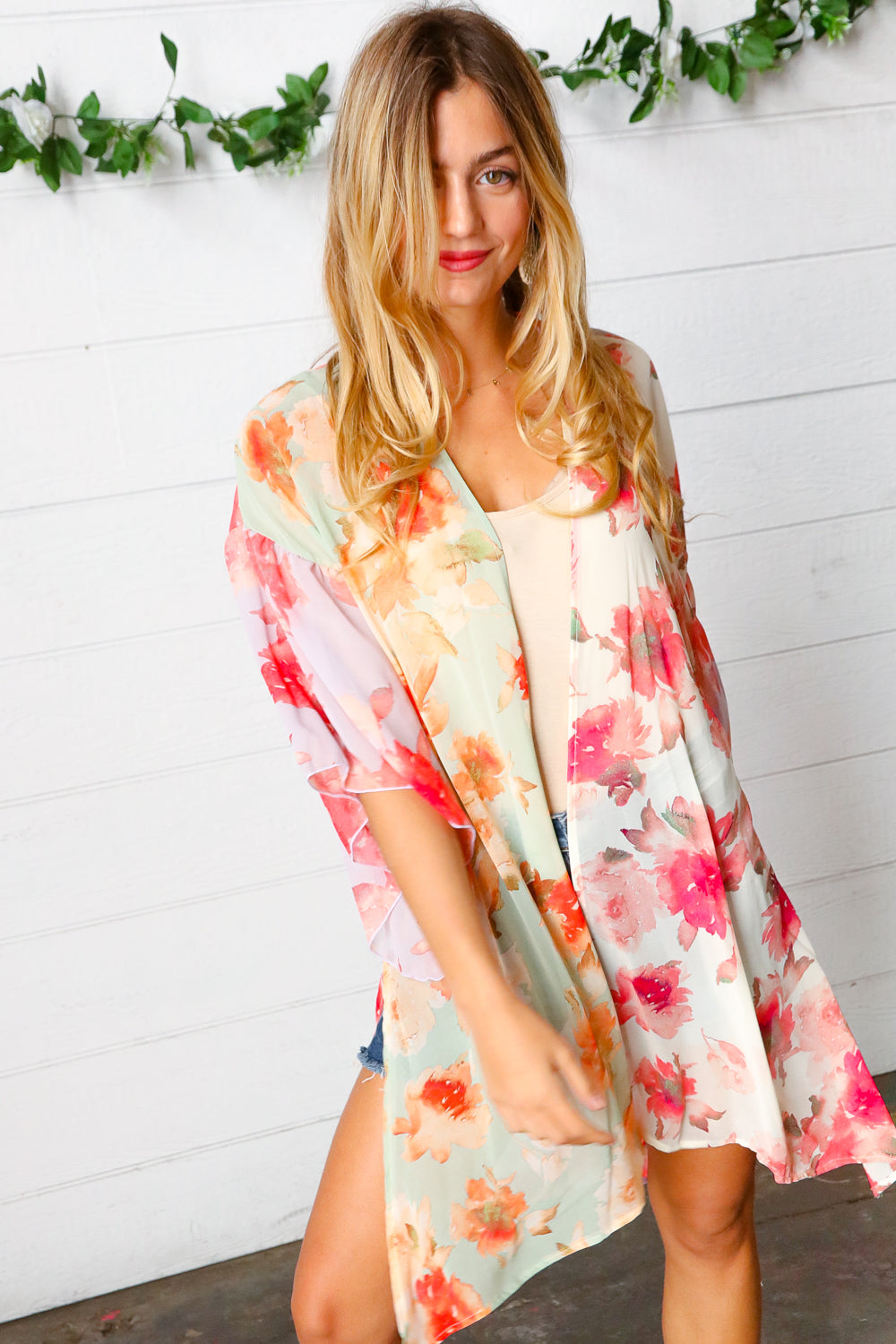 Lavender & Sage Colorblock Floral Print Chiffon Kimono