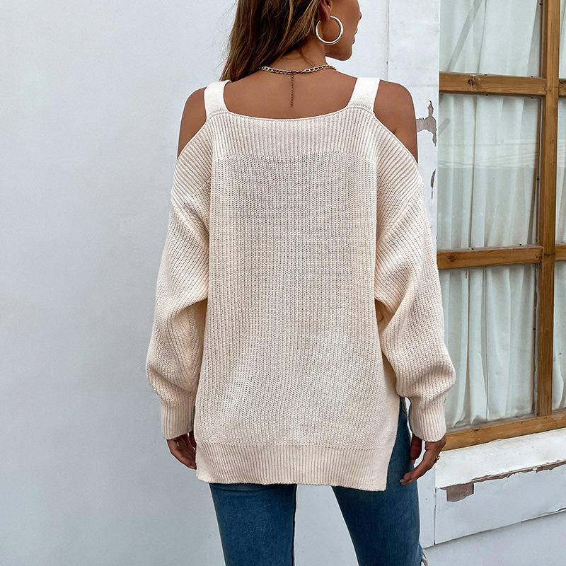 Solid Cold Shoulder Knit Sweater with Side Slits