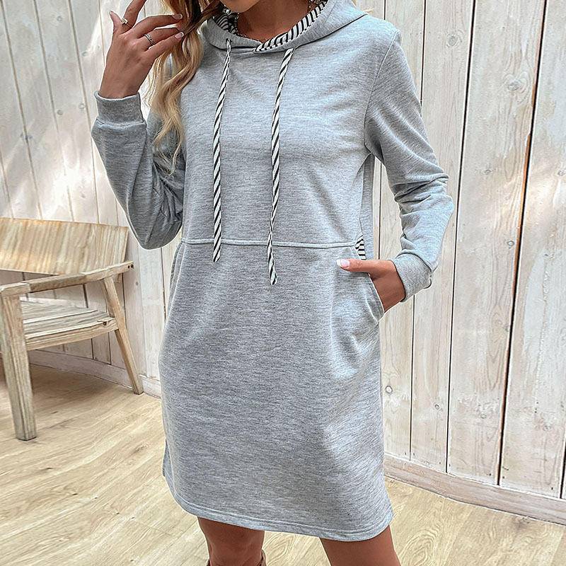 Striped Contrast Long Sleeve Hooded Dress with Pockets