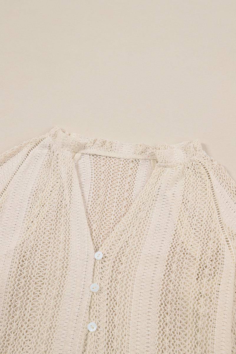Deep V Long Sleeve Button Up Lace Top