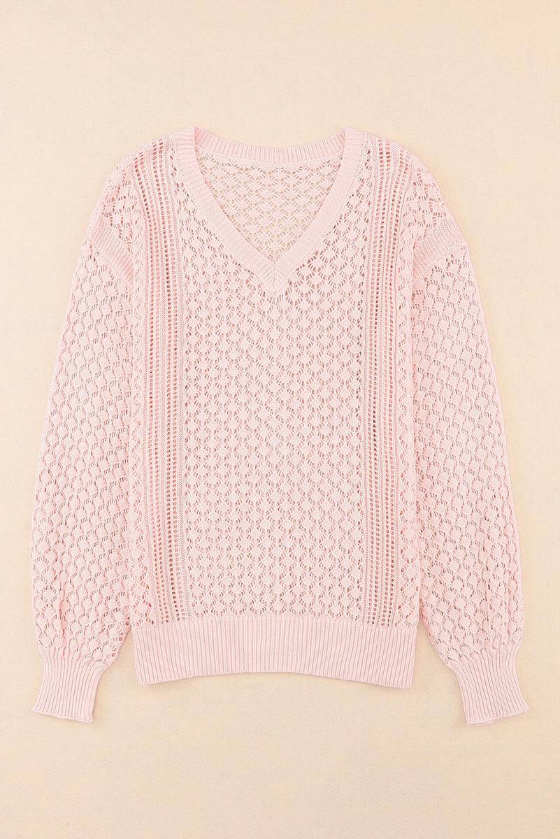 Loose Pointelle Knit Ribbed V Neck Sweater