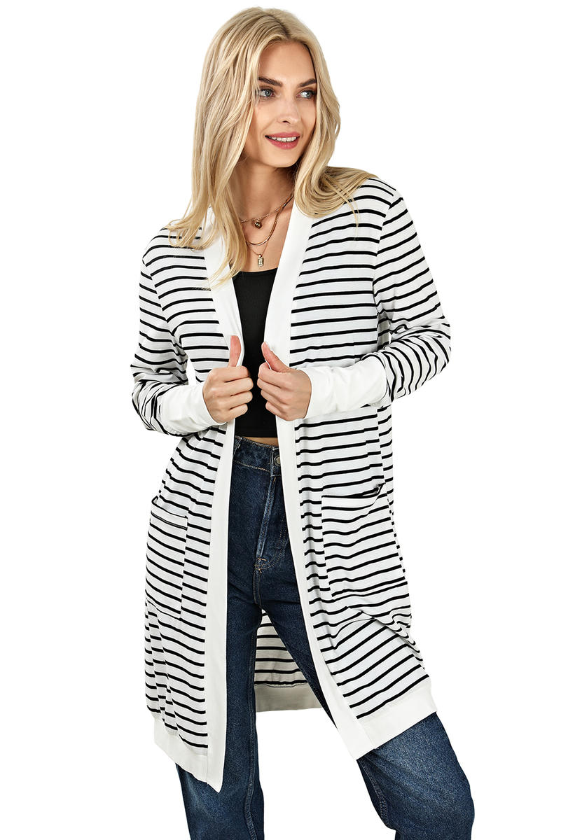 Striped Side Pockets Open Front Cardigan