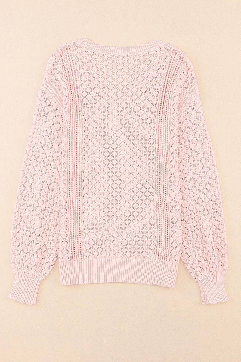 Loose Pointelle Knit Ribbed V Neck Sweater