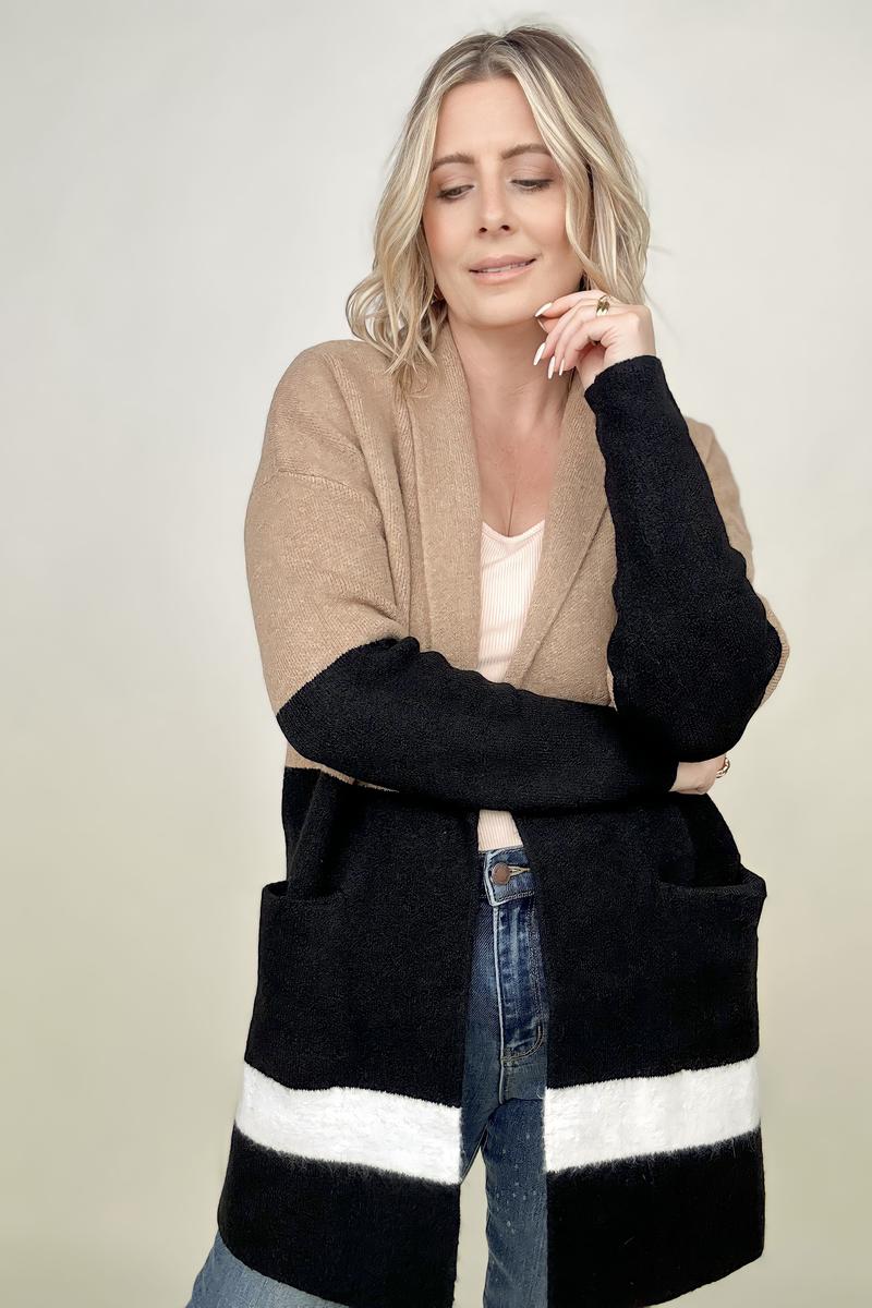 Latte Colorblock Cardigan With Patch Pockets