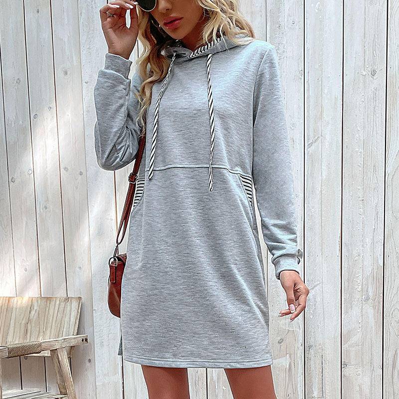 Striped Contrast Long Sleeve Hooded Dress with Pockets