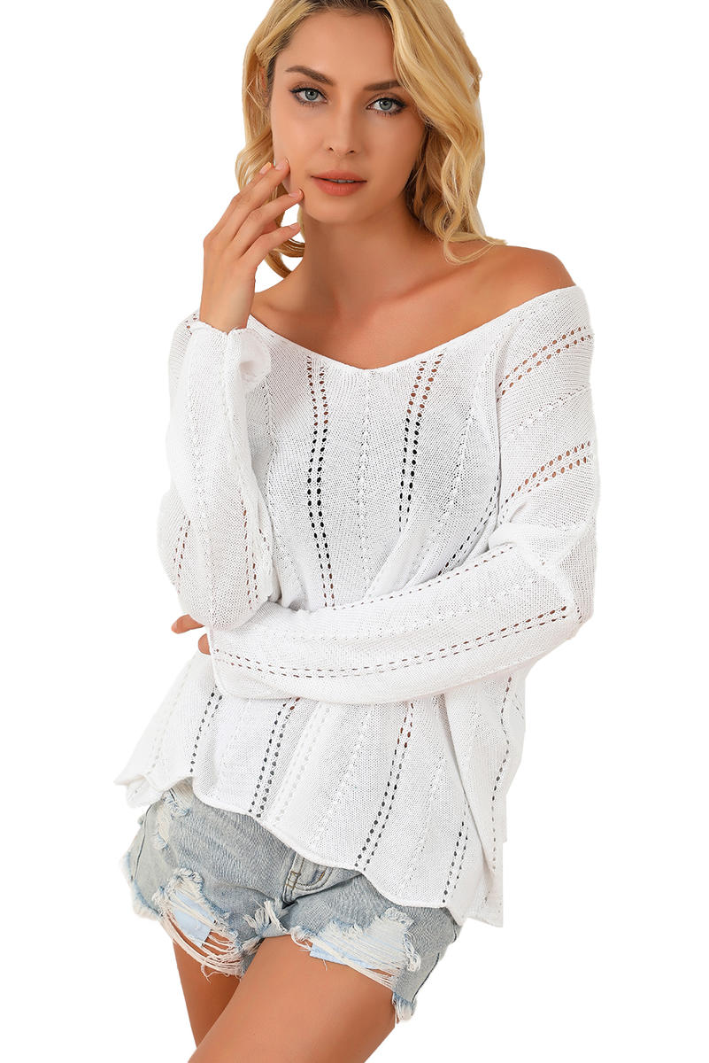 Hollowed Detail Knitted Loose V Neck Sweater