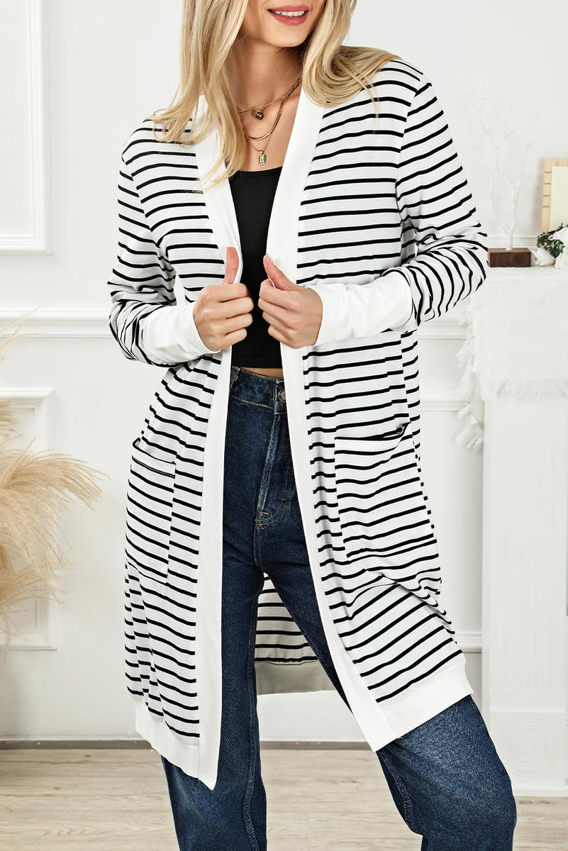 Striped Side Pockets Open Front Cardigan