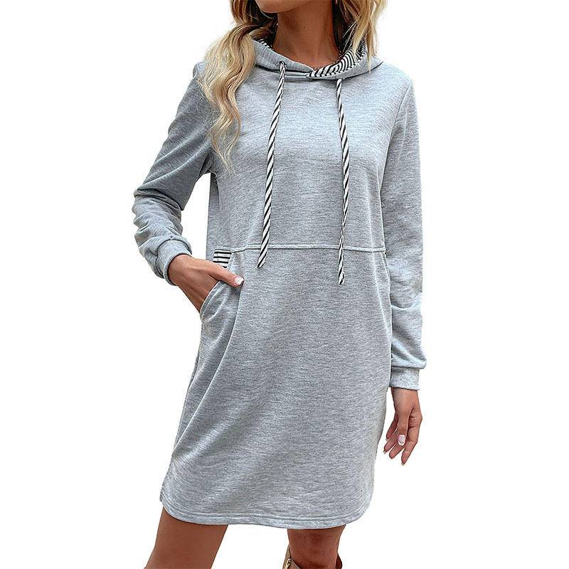 Striped Contrast Long Sleeve Hooded Dress with Pockets
