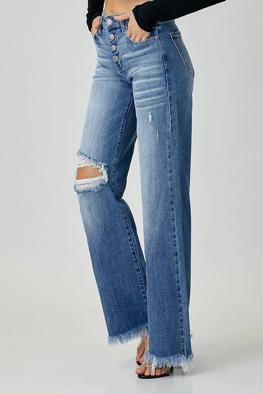 Risen Mid-Rise Button Down Wide Leg Jeans
