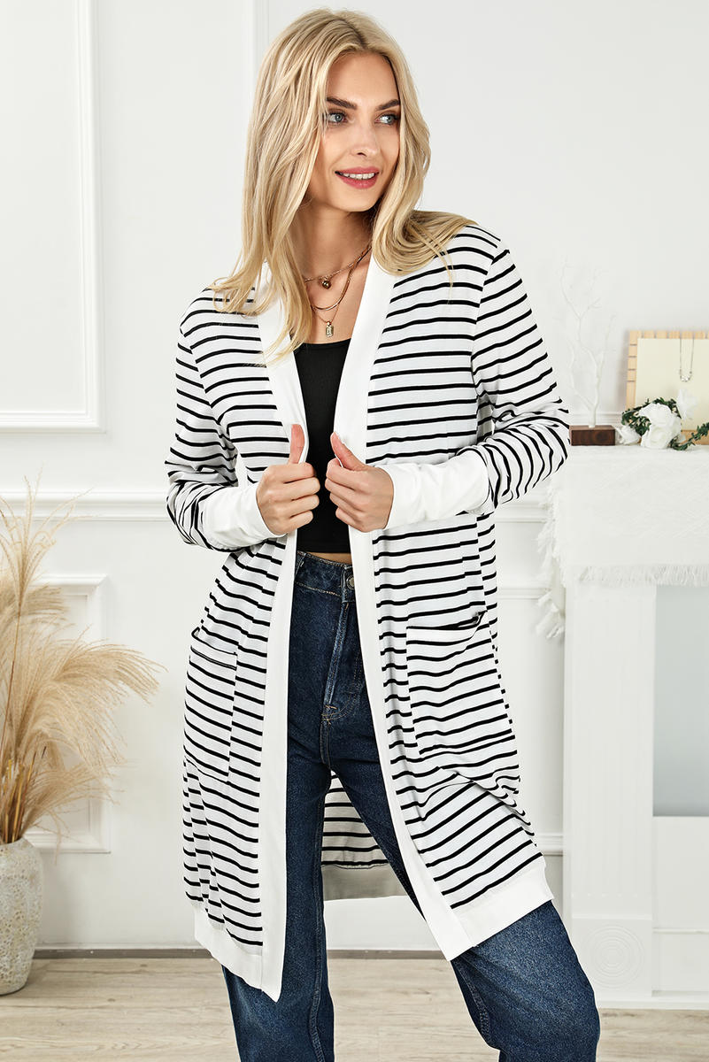 Striped Side Pockets Open Front Cardigan
