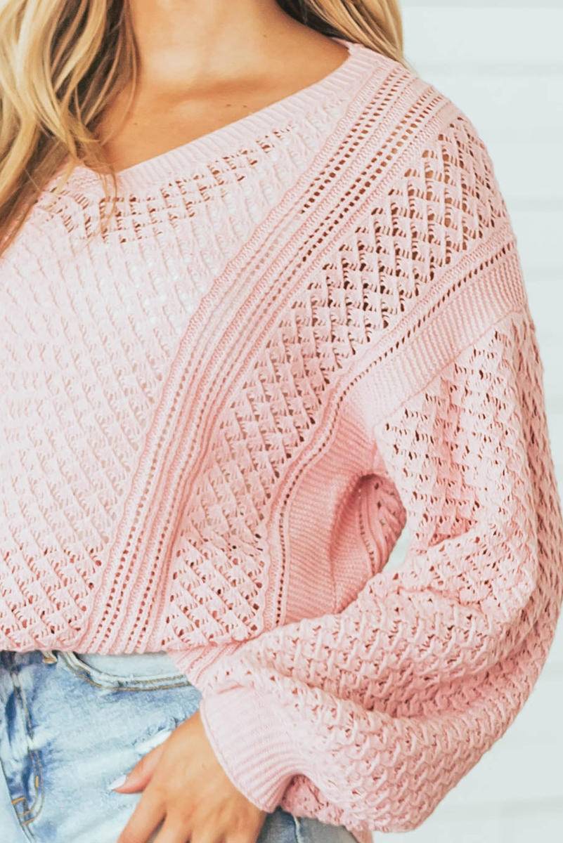 Loose Pointelle Knit Ribbed V Neck Sweater